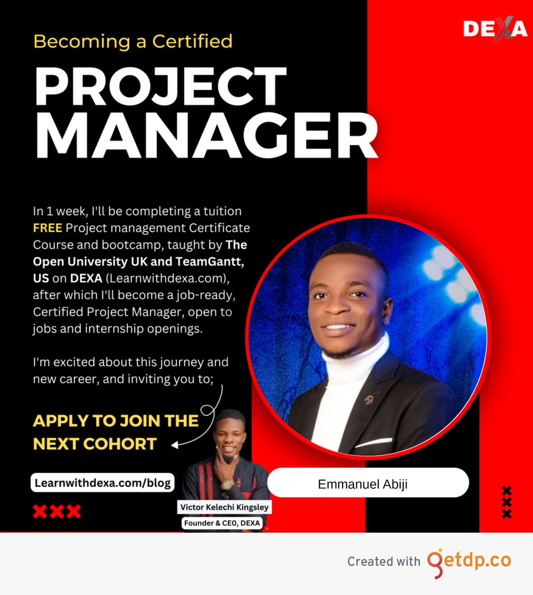 EmmanuelAbiji1's tweet photo. I'm about to complete &amp; receive my #ProjectManagement Certificate from the tuition free course taught by The Open University UK &amp; TeamGantt on DEXA &amp; it's been an amazing learning experience!
If you wish to learn more about this, use the link below:
https://t.co/gD30V32WGu https://t.co/z3ohp3CkPZ
