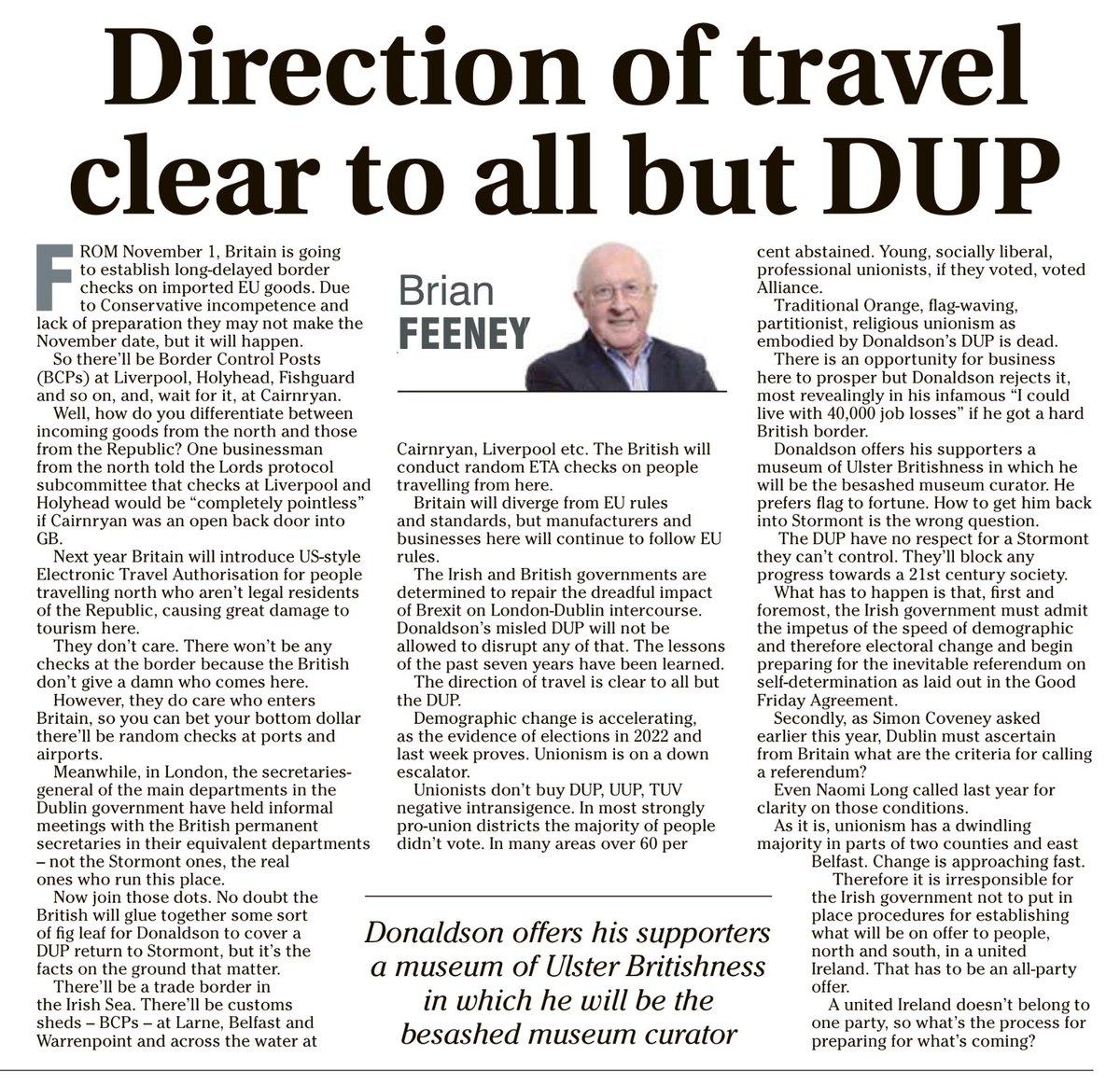 “The DUP have no respect for a Stormont they can’t control. They’ll block any progress towards a 21st century society.”
~Brian Feeney

☕️🥐