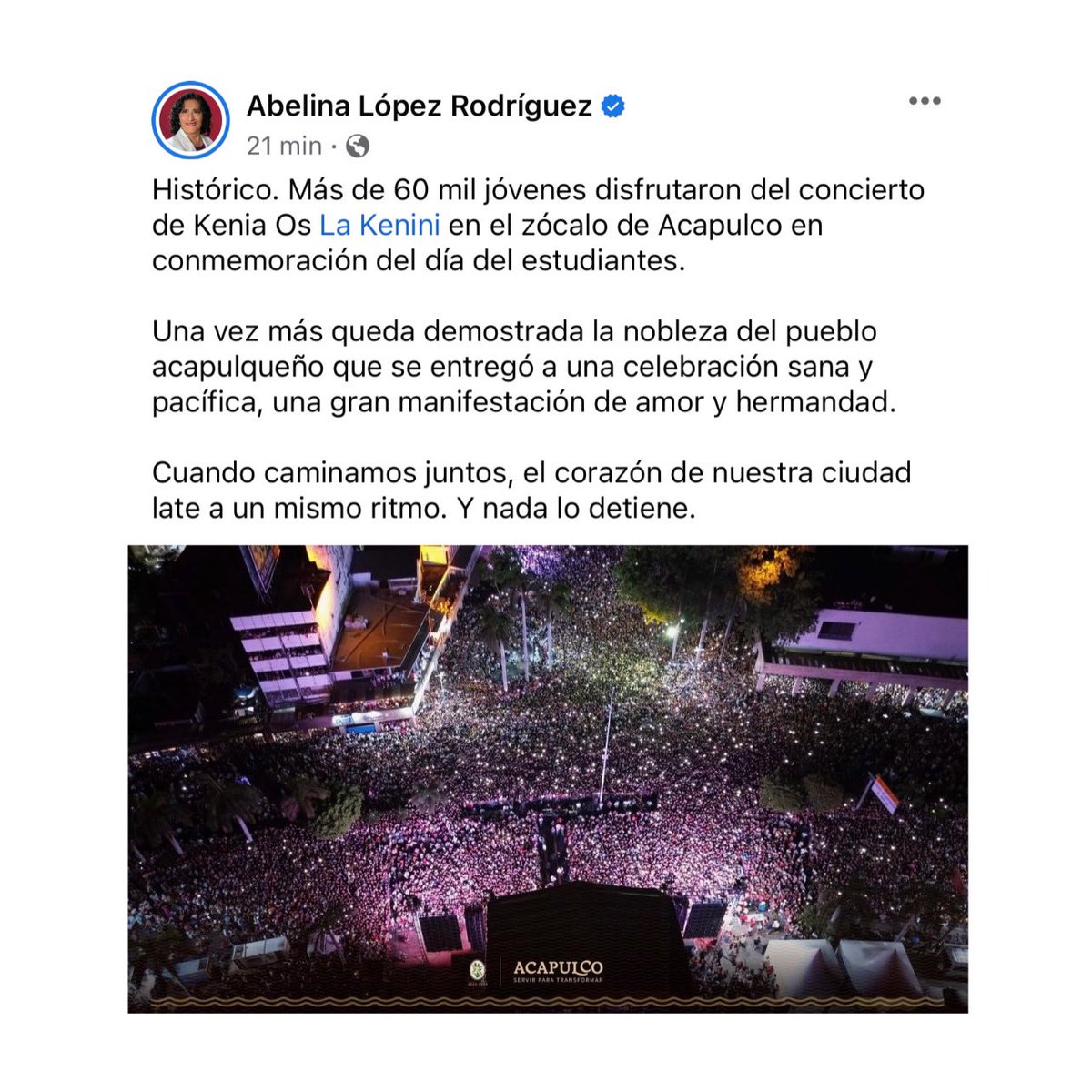 El concierto de @KeniaOS finalizó con un total de más de 60mil asistentes, esta información fue dada por el Gobierno de Acapulco.