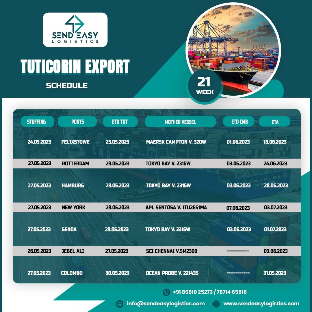 SendeasyL's tweet photo. WEEK - 21 // CONSOL // TUTICORIN Export schedule
#freightforwardingcompny #oceanfreight #logisticsservice #internationalcourierservice #toplogisticscompany #customsclearance #logisticsinternship #shippingcontainer #ocean #exports #canada #businessgrowth #fumigation https://t.co/OuctyyxErj
