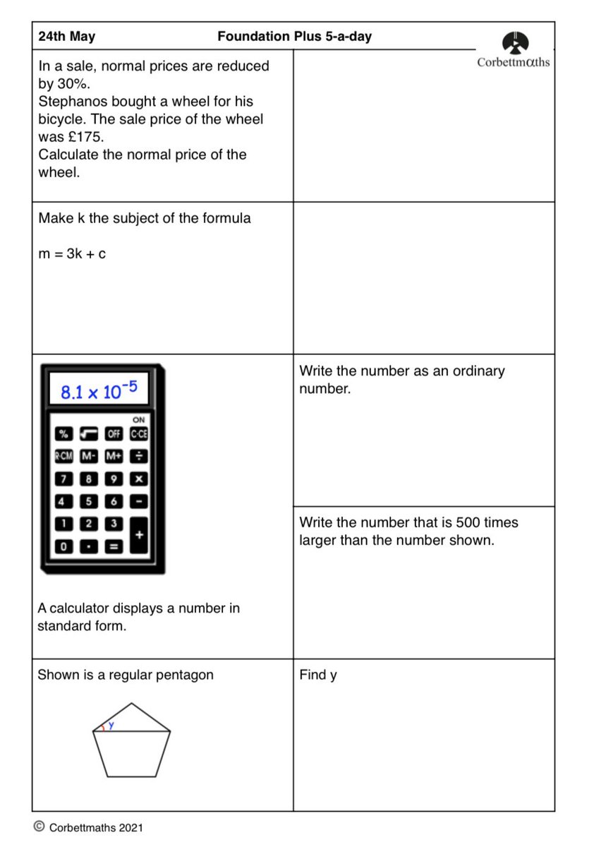 Studying for Foundation GCSE Maths? Try today's Foundation or the challenging Foundation Plus #maths5aday answers: corbettmaths.com/2016/10/26/may…