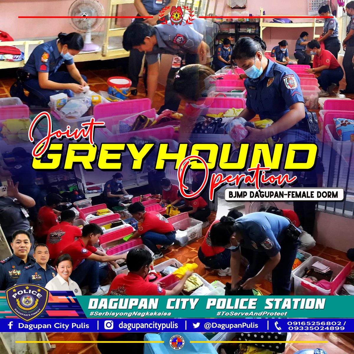 Personnel of Dagupan City Police Station, under the direct supervision of PLTCOL BRENDON B PALISOC, OIC, personnel of Female Dorm BJMP Dagupan, and their OJT criminology students, conducted Joint Greyhound Operation at said facility located at Bonuan Gueset, Dagupan City.