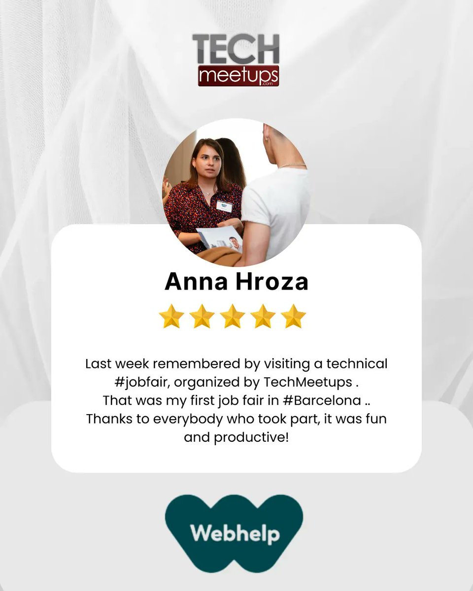 We're glad to have you, Anna (@WebhelpUK) . We're glad to hear that you enjoyed participating in the Barcelona Tech Job Fair 2023! Thank you and we wish you all the best! 
You can check our testimonials here: buff.ly/3Za2azK ✔️
#techmeetups #techfair #jobsfair #careerfair