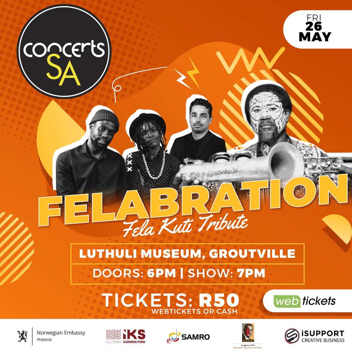 This Africa Month, iSupport Creative Business and Luthuli Museum, supported by Concerts SA, are presenting a tribute to the late Nigerian musician and activist Fela Kuti. 
 
#weLOVEliveMUSIC #Felabration  #FelaKutiTribute  #LiveMusicConcert