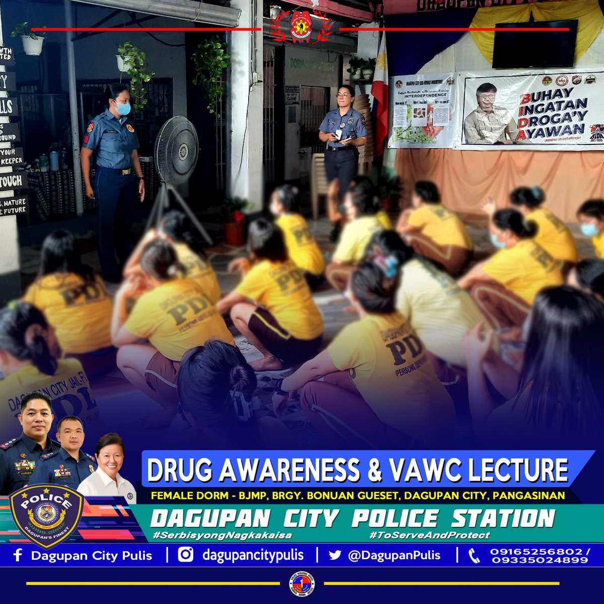 Personnel of Dagupan City Police Station, under the direct supervision of PLTCOL BRENDON B PALISOC, OIC, conducted a lecture on drug awareness and VAWC for the Person Deprived of Liberty (PDL) after the Joint Greyhound Operation at BJMP-Female Dorm, Bonuan Gueset, Dagupan City.