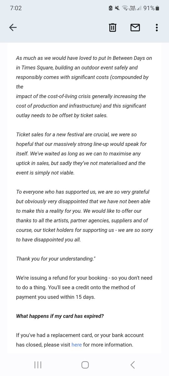 Its_Jaynie's tweet image. #inbetweendays festival, gutted it's cancelled! But surely you knew it wasn't going to be financially feasible earlier than 3 days before it's due to start?