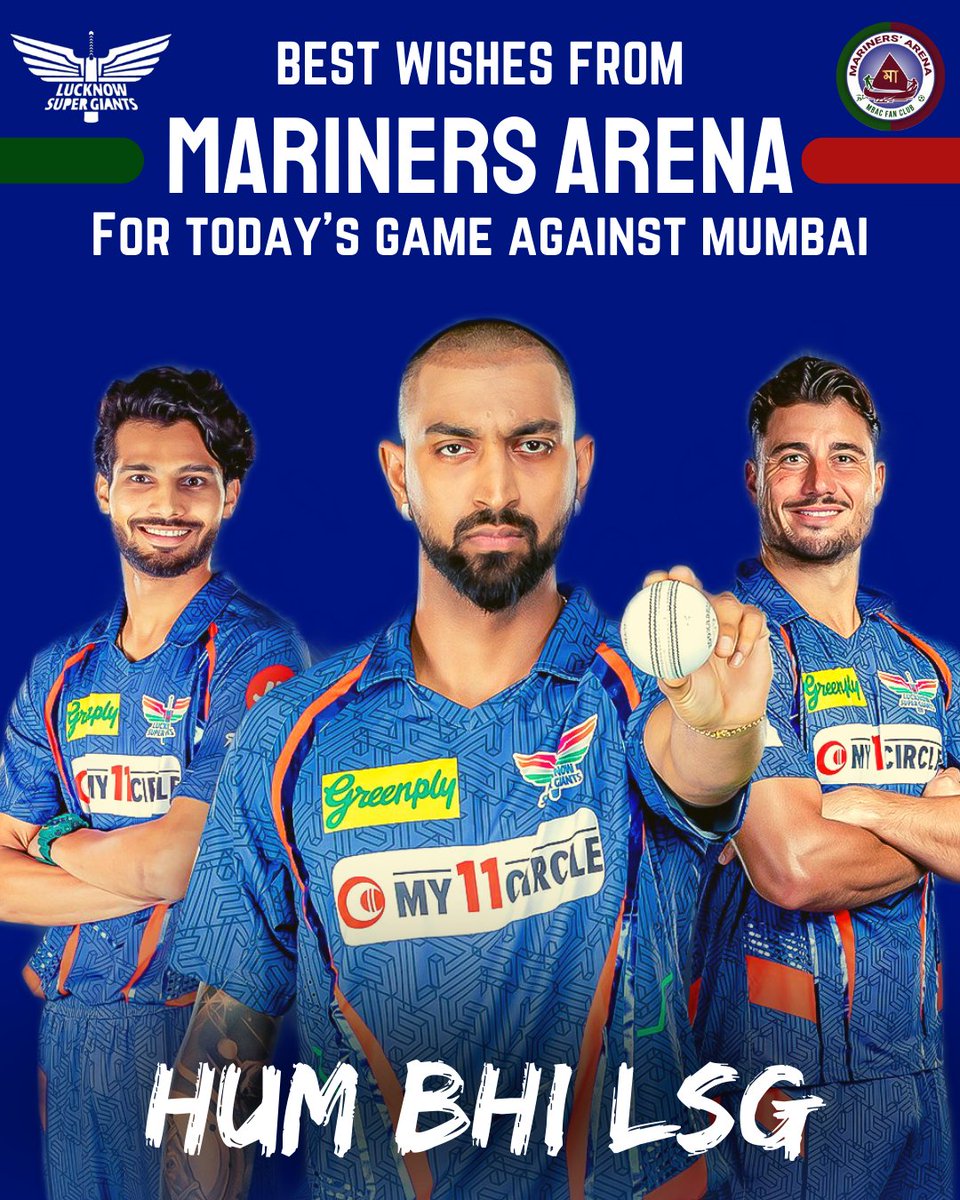 @ArenaMariners wishes you triumph in today's eliminator match @LucknowIPL against @mipaltan, hope luck and God' blessings be on your side.

#JoyMohunBagan 
#MarinersArena 
#Gladiators