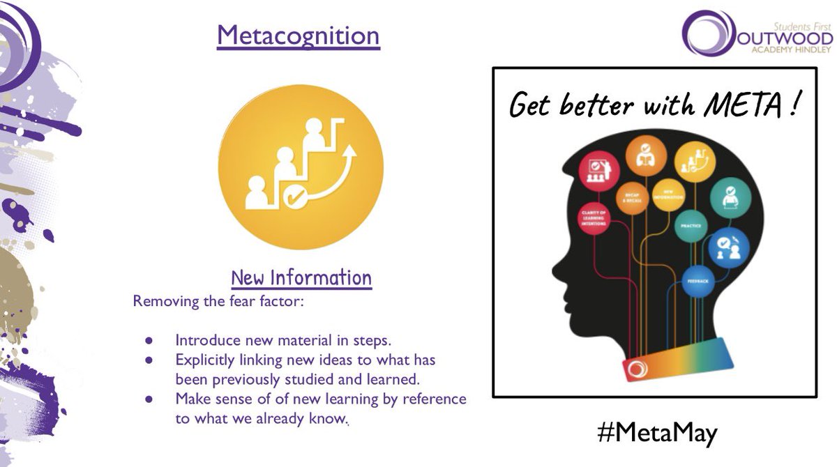 Wednesday’s pillar is New Information - linking new ideas to what we have already learned and removing the fear factor #metacognition #MetaMay