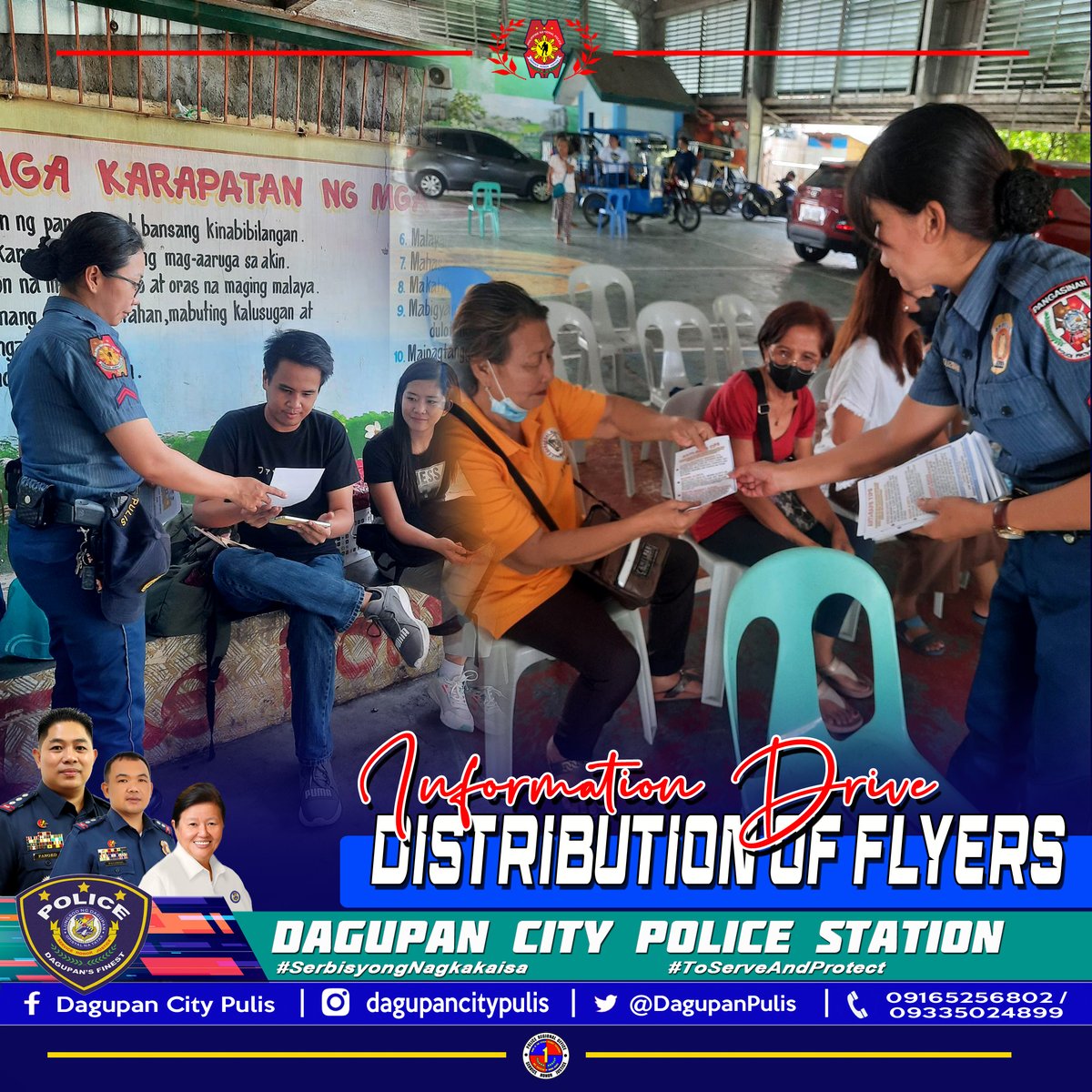 Dagupan City Police Station personnel, under the supervision of PLTCOL BRENDON B PALISOC, OIC, conducted distribution of fliers about Crime Prevention Safety Tips, RA 9262, RA 8353 with emergency Hotline Numbers of this station to the populace in Barangay Malued, Dagupan City.