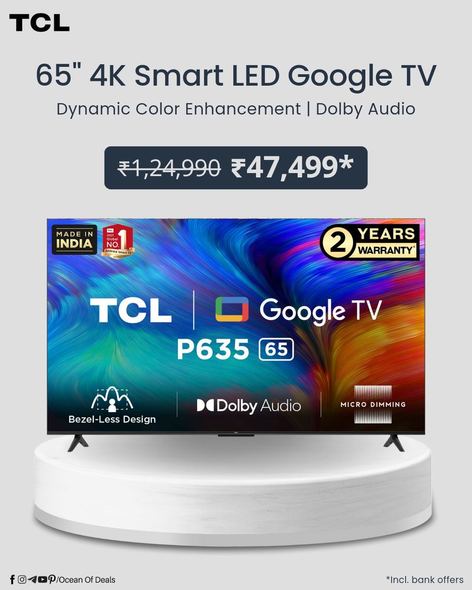 TCL 65' Smart LED Google TV

- Dynamic Color Enhancement
- Dolby Audio
& More

Shop Now at ₹47,499*
👉 amzn.to/3nH45y8
*Including bank offer

#TCL #TCLTV #Deal #TV #DolbyAudio