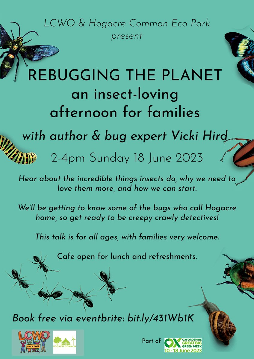 Come join us at beautiful @hogacre for a family-friendly bug-filled afternoon with author and insect expert <a href="/vickihird/">Vicki Hird MSc FRES 🐝🦋 🍃💚🍃</a> 

Booking via eventbrite eventbrite.co.uk/e/rebugging-th…

<a href="/larkriseprimary/">Larkrise Primary Oxford</a> @stebbesprimary @CAGOxfordshire <a href="/hogacrecafe/">hogacre cafe</a> @oxgrow <a href="/hugocrombie/">hugo crombie</a> @thenatureeffect