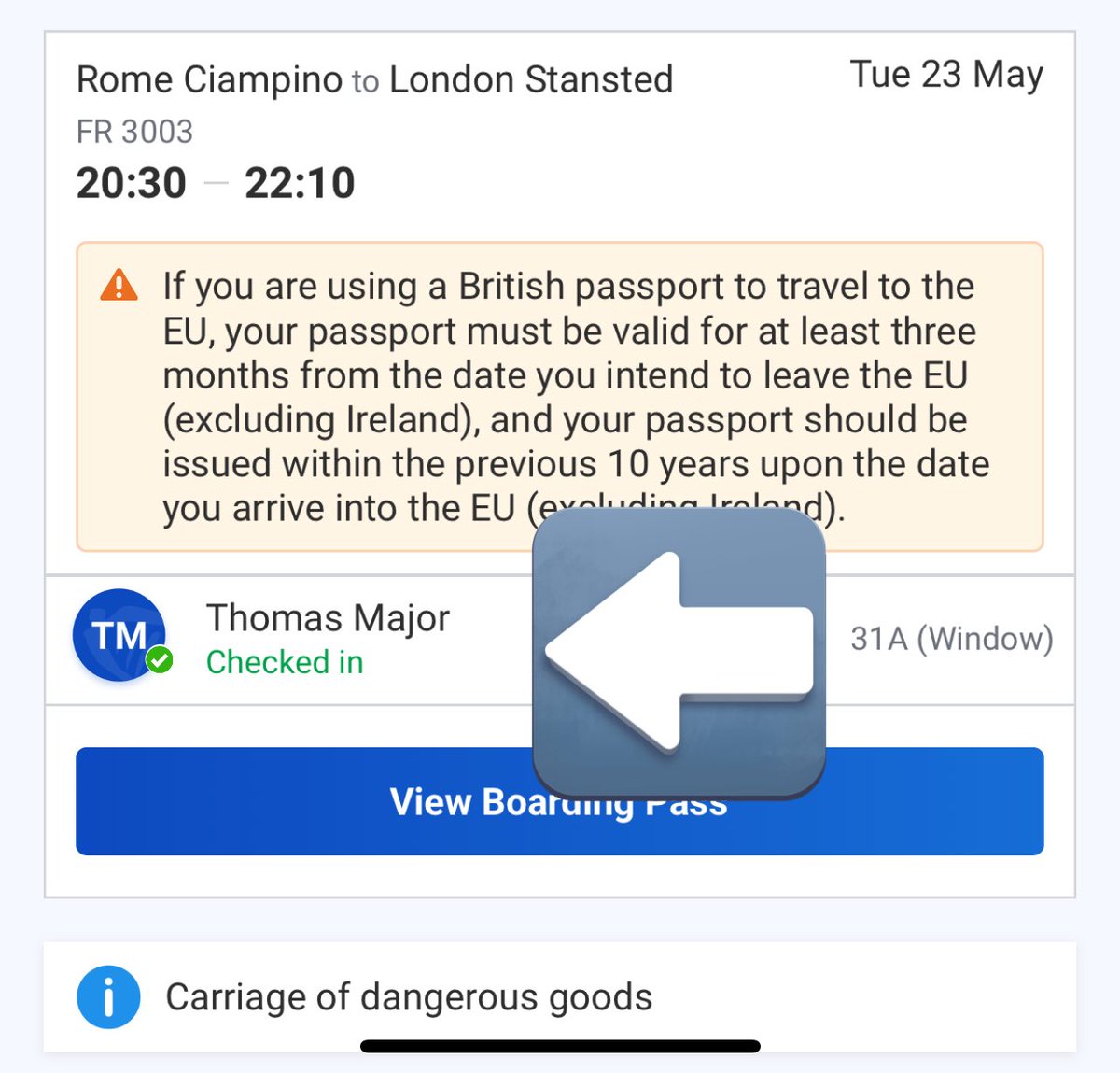 MajorTomCreates's tweet photo. @askryanair @Ryanair Your website inform me I was not checked-in and no refund is available. Not true. Just to be clear, here is a screenshot taken at the boarding gate. Look at the green writing

Note for @UK_CAA this is a huge potential security risk that passengers are making it through security. https://t.co/UkwwzIxLIq