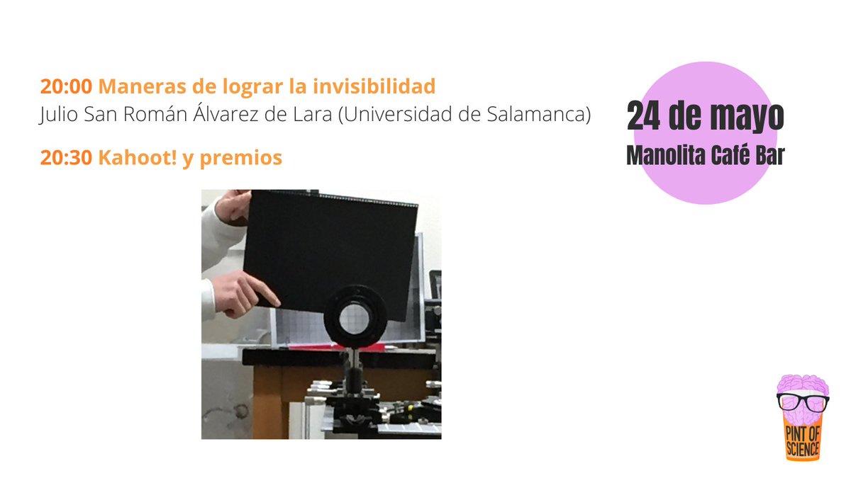 Esta noche terminamos el <a href="/pintofscienceES/">Pint of Science ES</a> con una charla de Julio San Román (@OpticaExtrema). Nos hablará sobre cómo realizar invisibilidad con elementos ópticos. De ahí a entrar a Howgarts, tan solo habrá un paso 🧙🪄✨. 

A las 20:00 en el <a href="/ManolitaCafeBar/">Manolita Café Bar</a> ☕️