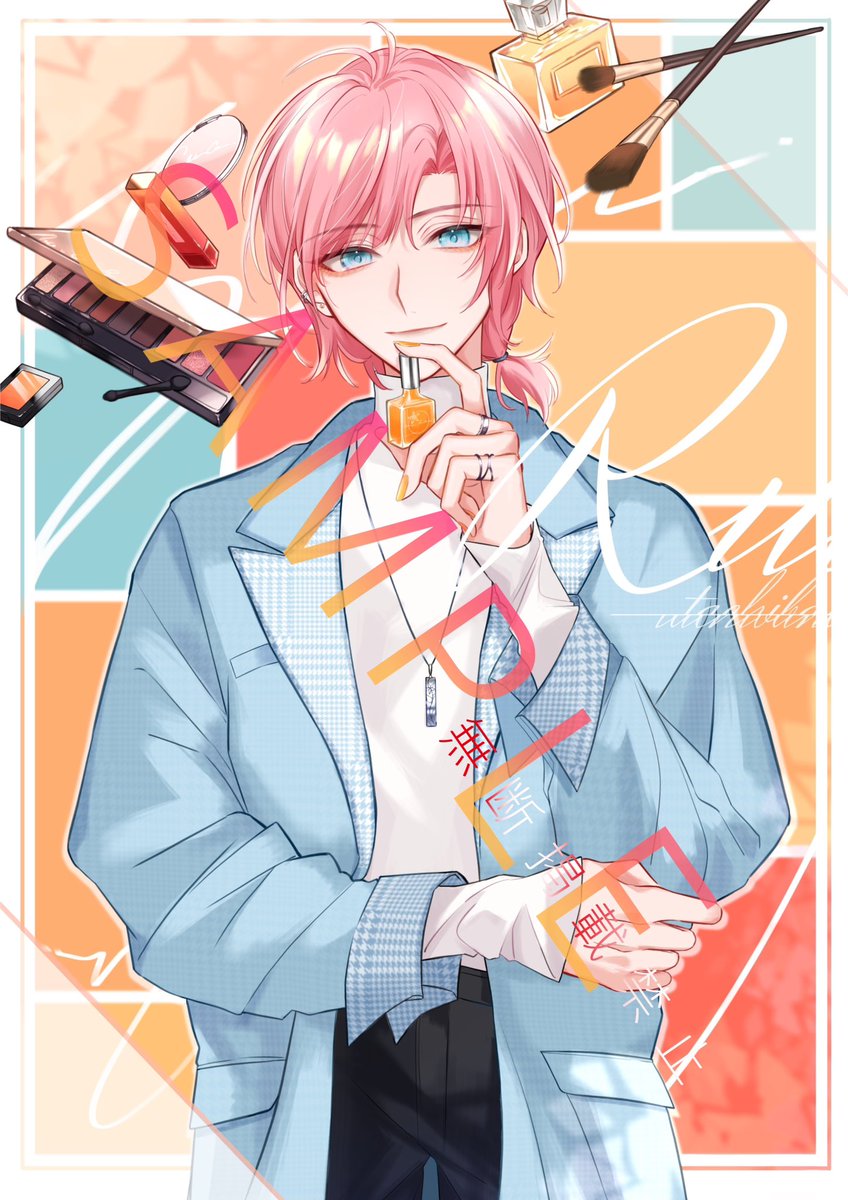 1boy pink hair male focus solo pants blue eyes looking at viewer  illustration images