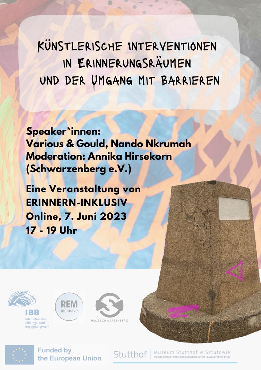 Am Mittwoch, den 7. Juni, geht es im Projekt #reminclusive von 17 bis 19 Uhr um künstlerische Interventionen in Erinnerungsräumen und den Umgang mit Barrieren. Anmeldung unter 👉 #Erinnerninklusiv