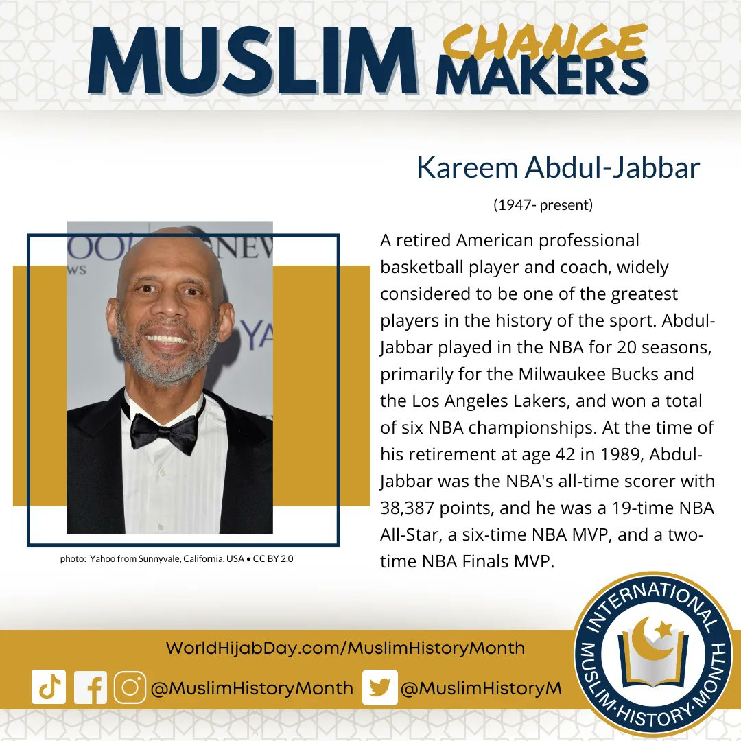 muslimhistorym's tweet photo. Kareem Abdul-Jabbar's impact on the sport of basketball goes beyond his impressive stats and titles. He's a role model for aspiring athletes everywhere!
#GetToKnowMuslims
#MuslimHistoryMonth https://t.co/hqbt8v8iUI