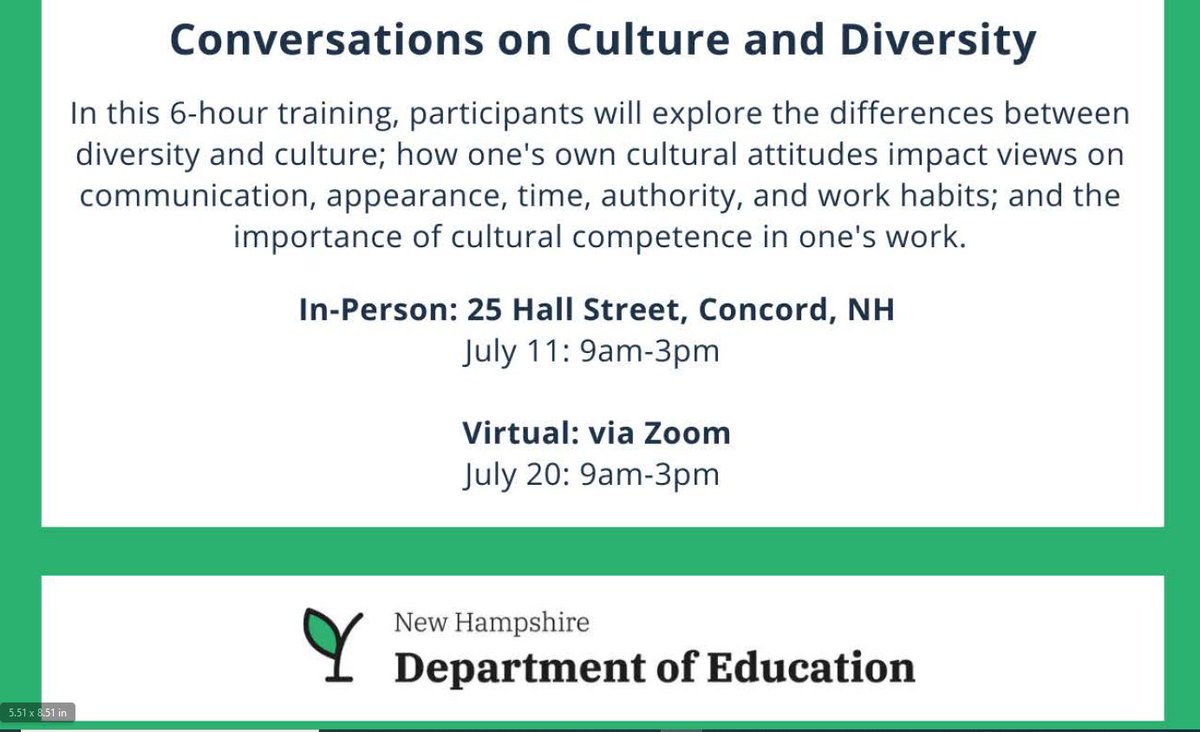 The Office of Social &amp; Emotional Wellness will be presenting the 2023 Summer Professional Development Series.
Register for our FREE in-person or virtual training for Conversations on Culture and Diversity.
nhdoe.instructure.com/courses/37/pag…