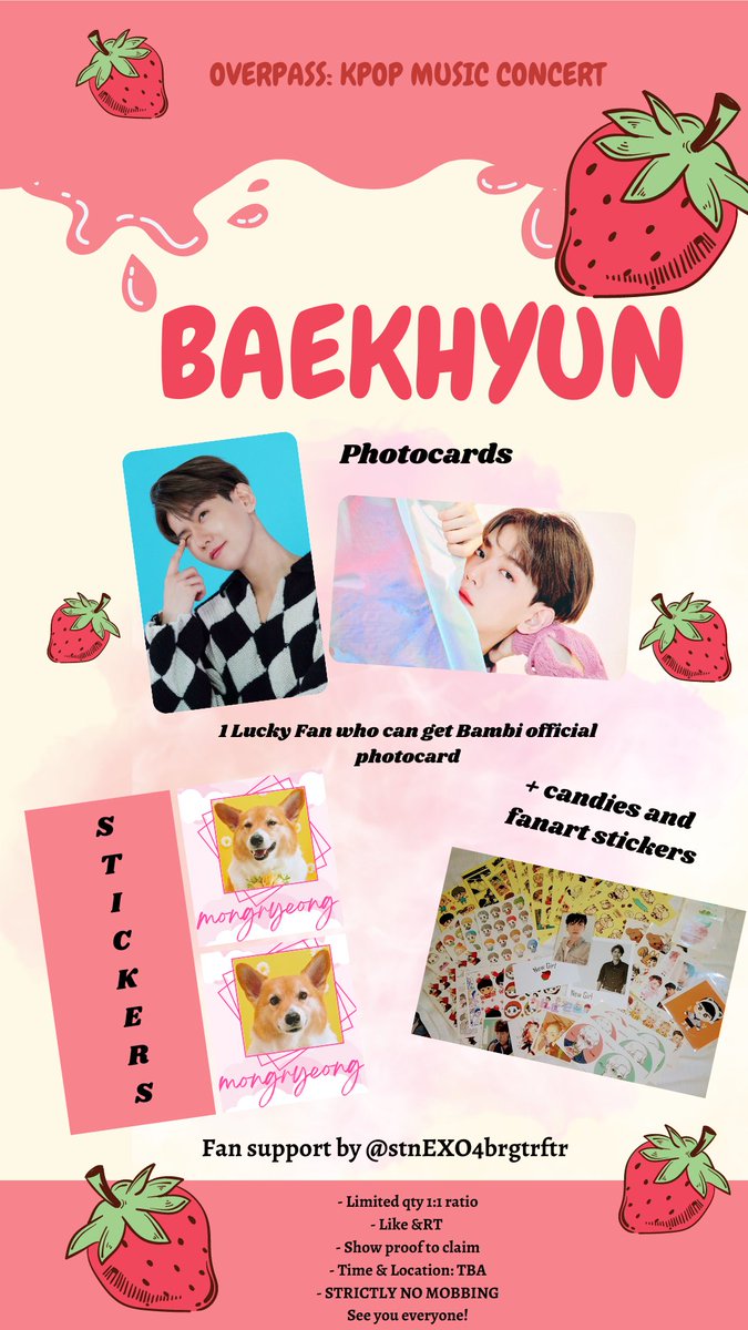 FREEBIES FOR BAEKBERRY🍓

This is super limited qty lang, I'll announce time and place on dday (I think sa place na bawal mobbing, grabe ipitan from exo SC) Nasa photo po ang mechanics!
DM for trades☺️
SEE YOU GUYS!
#BAEKHYUN
#OVERPASSinMNL_Baekhyun #OVERPASSINMNL #OVERPASS2023
