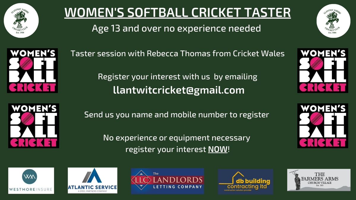 We are looking to run a Women's softball cricket taster session later in the summer with <a href="/RTCricketWales/">Rebecca Thomas</a>  and need to see what interest there is in the area.  Register by email to llantwitcricket@gmail.com with your name and mobile number if you are interested.