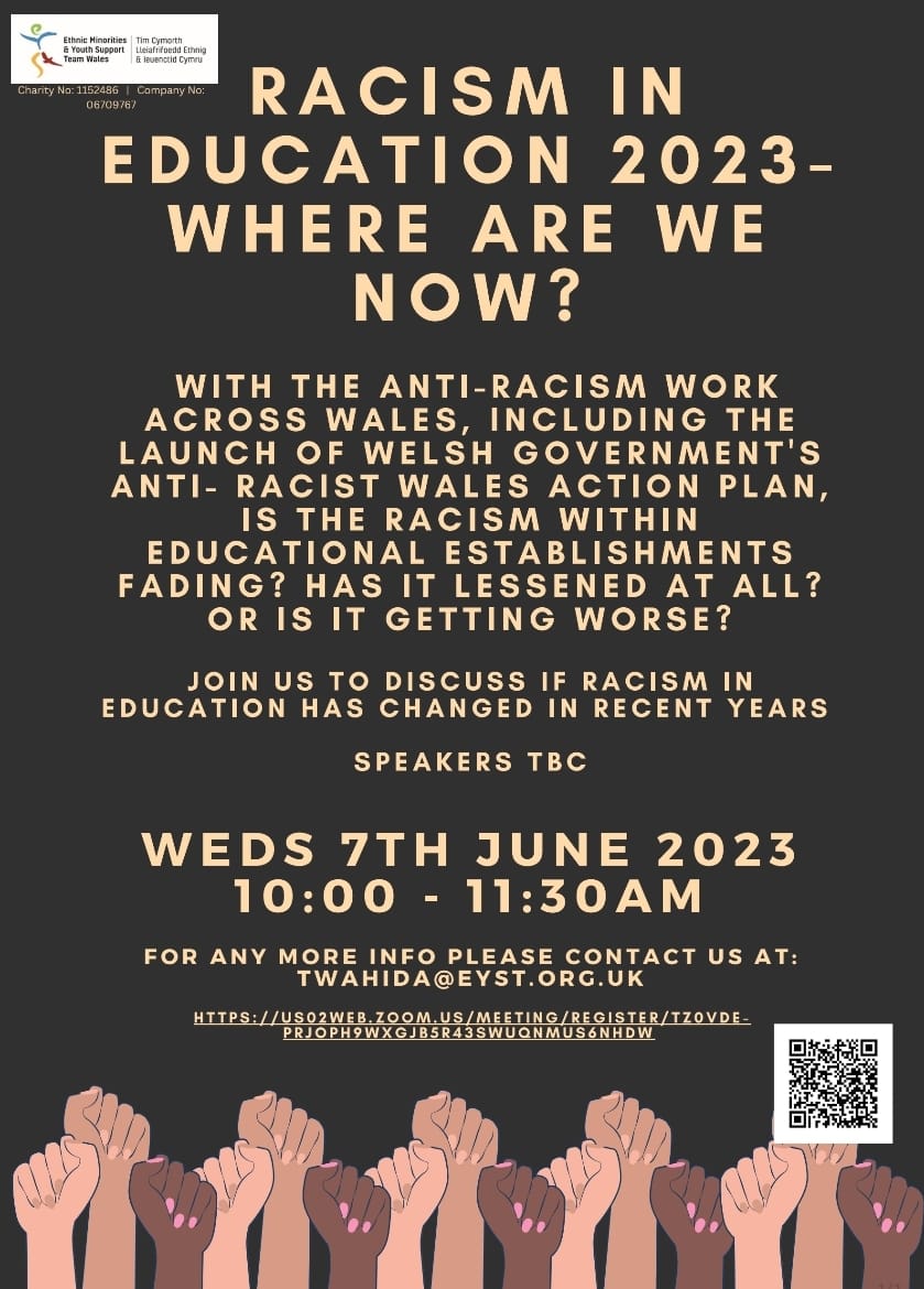 🚨 Our Next Forum Announcement 🚨

Racism in Education: where are we now? 📚⚖️Join us to hear how racism is being experienced in schools and what we can do to tackle it 🏴󠁧󠁢󠁷󠁬󠁳󠁿 

Let's drive out racism from our schools ✊ 7 June, 10-11.30am 
Register here: bit.ly/3q74KK2