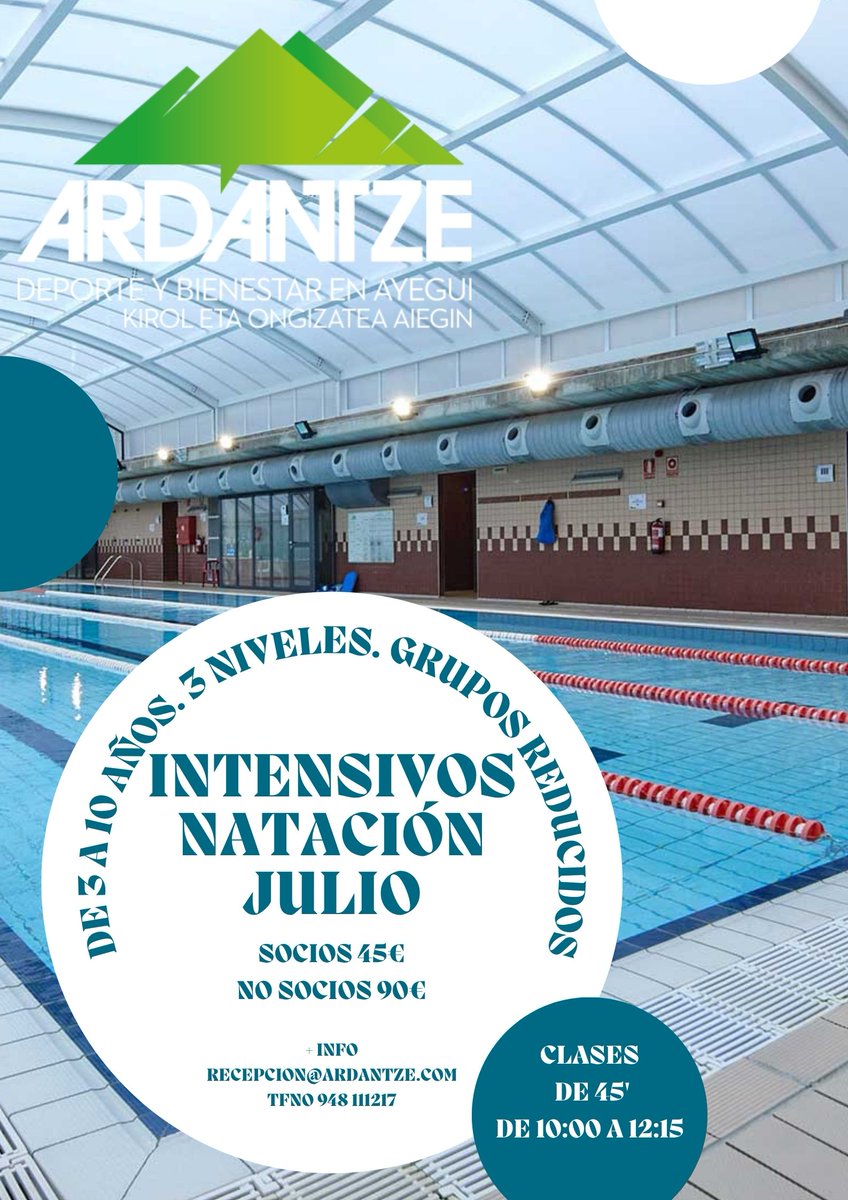 Estimados usuarios y usuarias
Abierto plazo de inscripción para cursos de natación intensivos de Ardantze este mes de Julio. Monitores expertos y grupos reducidos!
De 3 a 10 años, 3 Niveles
Ya podéis inscribiros en nuestra recepción o en nuestra App Resasport
Equipo Ardantze