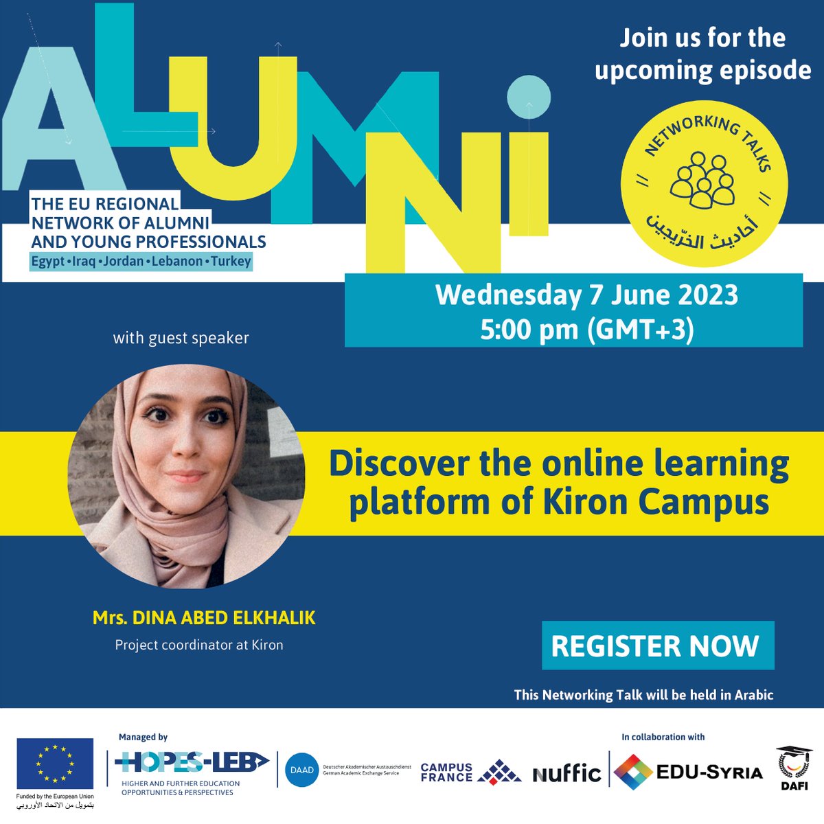 Do you want to develop your skills online? Join the Networking Talk with the Project Coordinator at Kiron Mrs. Dina Abed Elkhalik, on June 7, at 5:00pm (GMT+3). Register now to participate in this mini-workshop for free: framaforms.org/stmr-ltsjyl-fy…