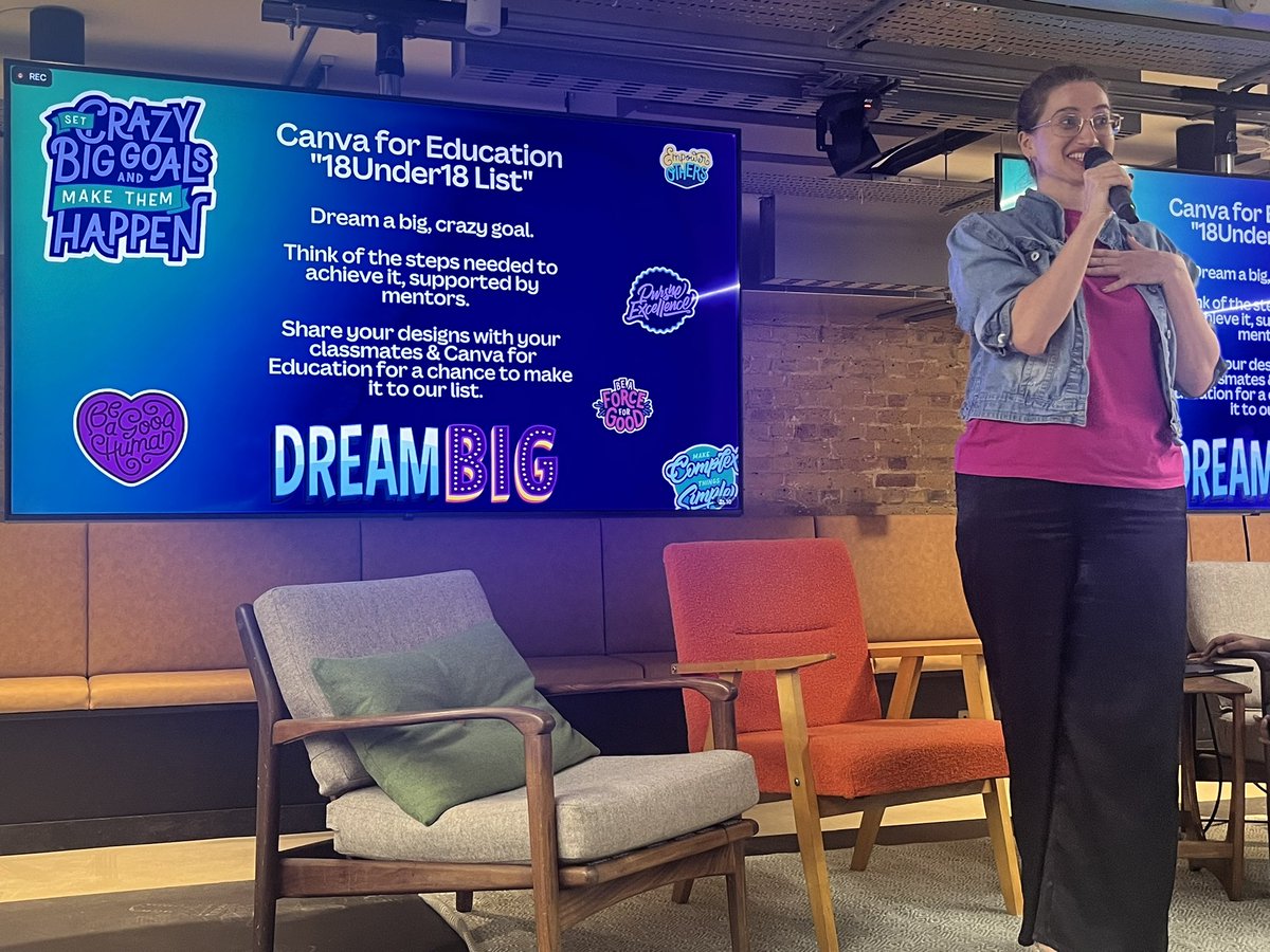 Inspirational call to action from <a href="/canva/">Canva</a> and <a href="/MaximovaPetia/">Petia Maximova</a> directing all to urge young people to ‘Set Crazy Big Goals and Make Them Happen’ #18under18 #canva