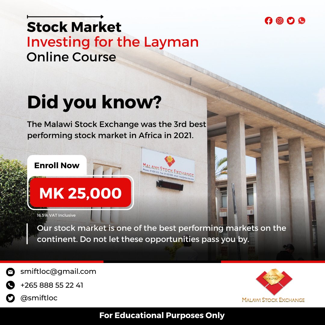 smiftloc's tweet photo. Did you know?

 The Malawi Stock Exchange was the 3rd best performing stock market in Africa in 2021. With a 40.05% return on investment.🏛️

#malawistockexchange
#stockmarketinvesting
#mse
#Africa 
#Malawi https://t.co/djFx3UIA5o