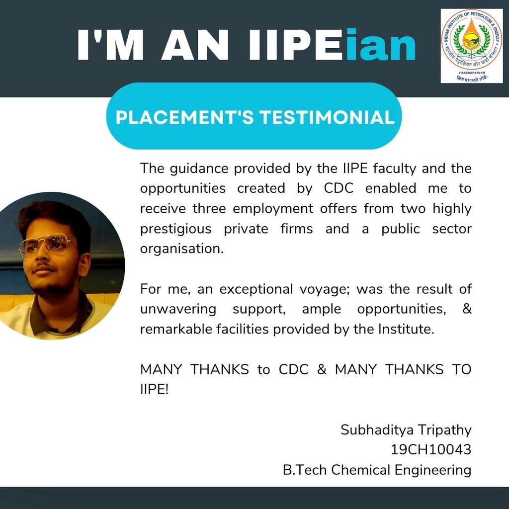 IIPE_vizag's tweet photo. 2023 Batch Placement’s Testimonial.

#iipe #iipeplacements #mopng #mnre #iit #iitjeeadvanced #2023campusplacements #pmo #oilandgas #chemicalindustry https://t.co/iiTYAVZatX