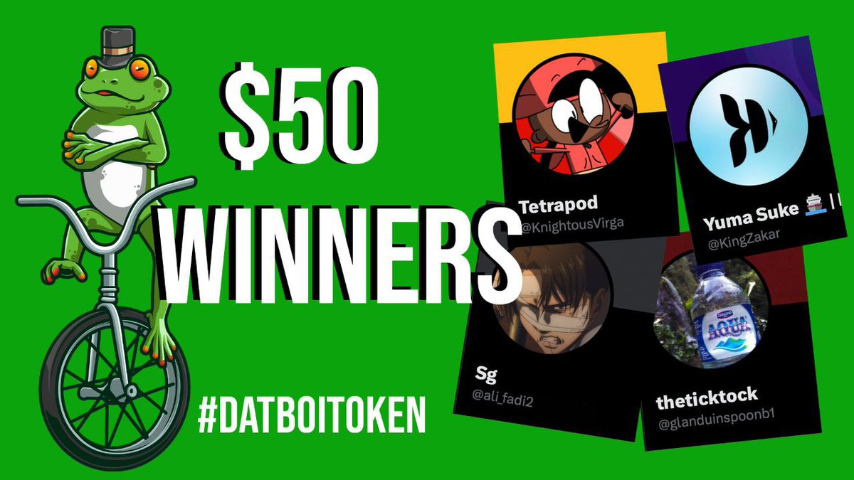 🎉🌟 Celebration Time! 🌟🎉

🚀 We're thrilled to announce the winners of our amazing #Datboi giveaway challenge! 🎁💰

🥇 Congratulations to:
1️⃣ @KnightousVirga
2️⃣ <a href="/KingZakar/">Yami Suke| ⛩️ , 🚢 | 💚🌙 | 🟩 ⚡️</a>
3️⃣ @ali_fadi2
4️⃣ <a href="/glanduinspoonb1/">theticktock</a>

 #datboitoken #datboi #datboivspepe #pepe