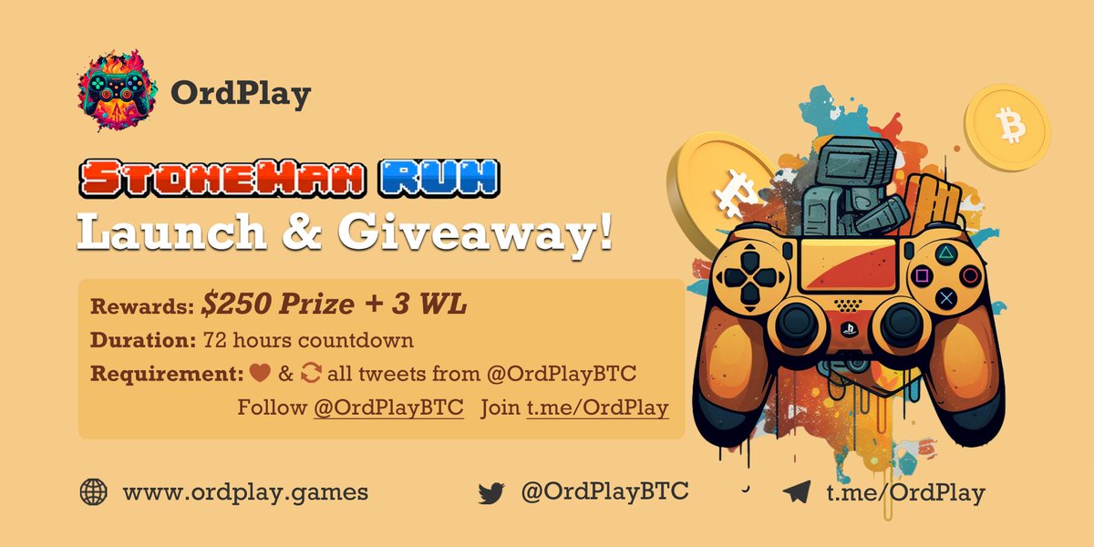 🎉Celebrating the launch of our 1st #BRC20 game, StoneMan Run, we're hosting a massive #Giveaway!🥳

🎁Prize Pool: $250 for 50 winners (5$ each) + 3 random #Whitelists

⏰Duration: 72 hours

To Enter: 
1️⃣ Like &amp; RT ALL tweets from <a href="/OrdPlayBTC/">BLQ#liuquidity mining - Building</a> 
2️⃣ Follow <a href="/OrdPlayBTC/">BLQ#liuquidity mining - Building</a> 
3️⃣ Join