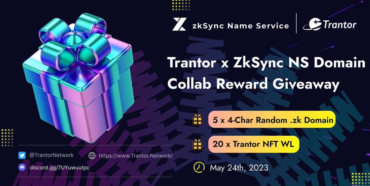 TrantorNetwork's tweet photo. 🔥PARTNERSHIP #GIVEAWAY
@zknsdomains <>@TrantorNetwork

🚀To celebrate our successful collaboration with #zkSync Name Service, we offer the special rewards:

🎁5 x 4-Char Random .zk Domain ($100 each)
🎁20 x Trantor NFT WL

⬇️Join Here: 
https://t.co/SDauoNak80 https://t.co/skqTZUVc5U