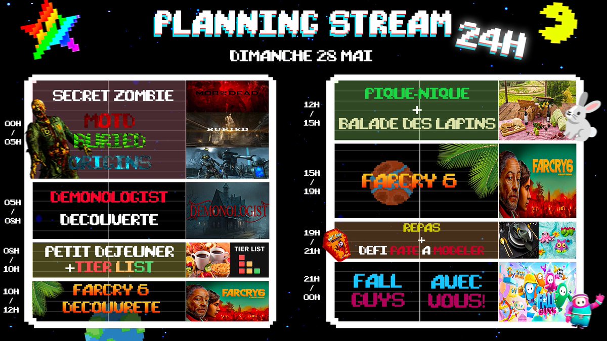 LxR_Sayfe's tweet image. Hello les brindilles👋 
Voici le planning du stream 24h qui se déroulera dimanche! ⚡️ 
On a essayé de faire un planning bien varié avec à la fois des jeux, mais aussi pas mal de discussion, d’activités et de sorties en extérieur 😍
Et bien moi je vous dit à dimanche❤️