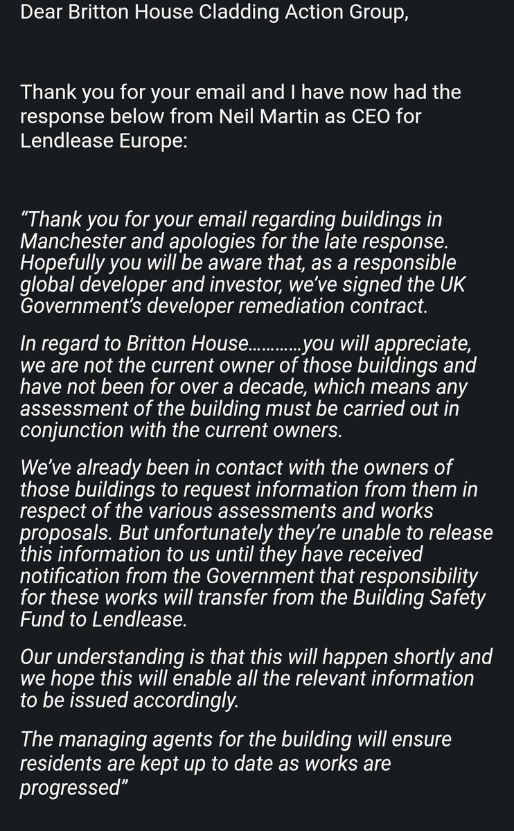 We are still getting nowhere with #BuildingSafetyCrisis
Email from our Cllr &amp; <a href="/Lendlease/">Lendlease</a> claim our MA <a href="/LivingcityGroup/">Livingcity Group</a> won't share information but they assure us they have!
<a href="/michaelgove/">Michael Gove</a> @luhc pls sorry this out, it's just ridiculous
#EndOurCladdingScandal
<a href="/Lees_Martina/">Martina Lees</a> <a href="/LBC/">LBC</a>