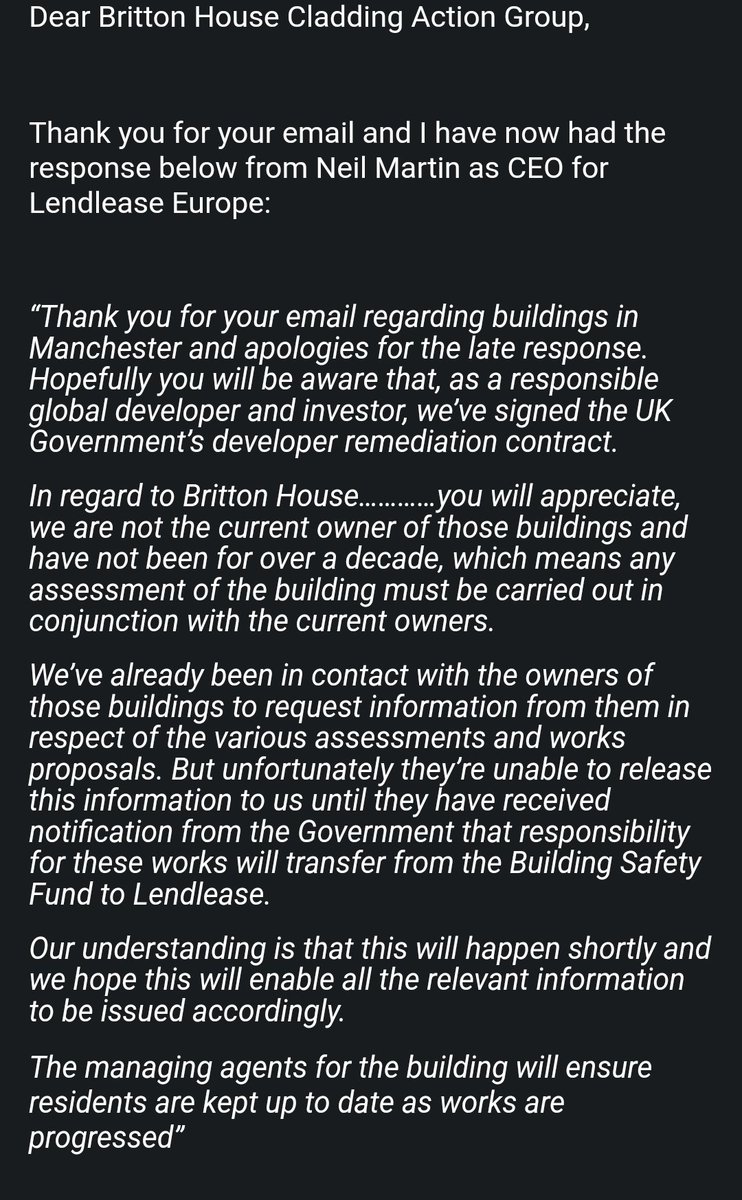 We are still getting nowhere with #BuildingSafetyCrisis Email from our Cllr & @Lendlease claim our MA @LivingcityGroup won't share information but they assure us they have! @michaelgove @luhc pls sorry this out, it's just ridiculous #EndOurCladdingScandal @Lees_Martina @LBC