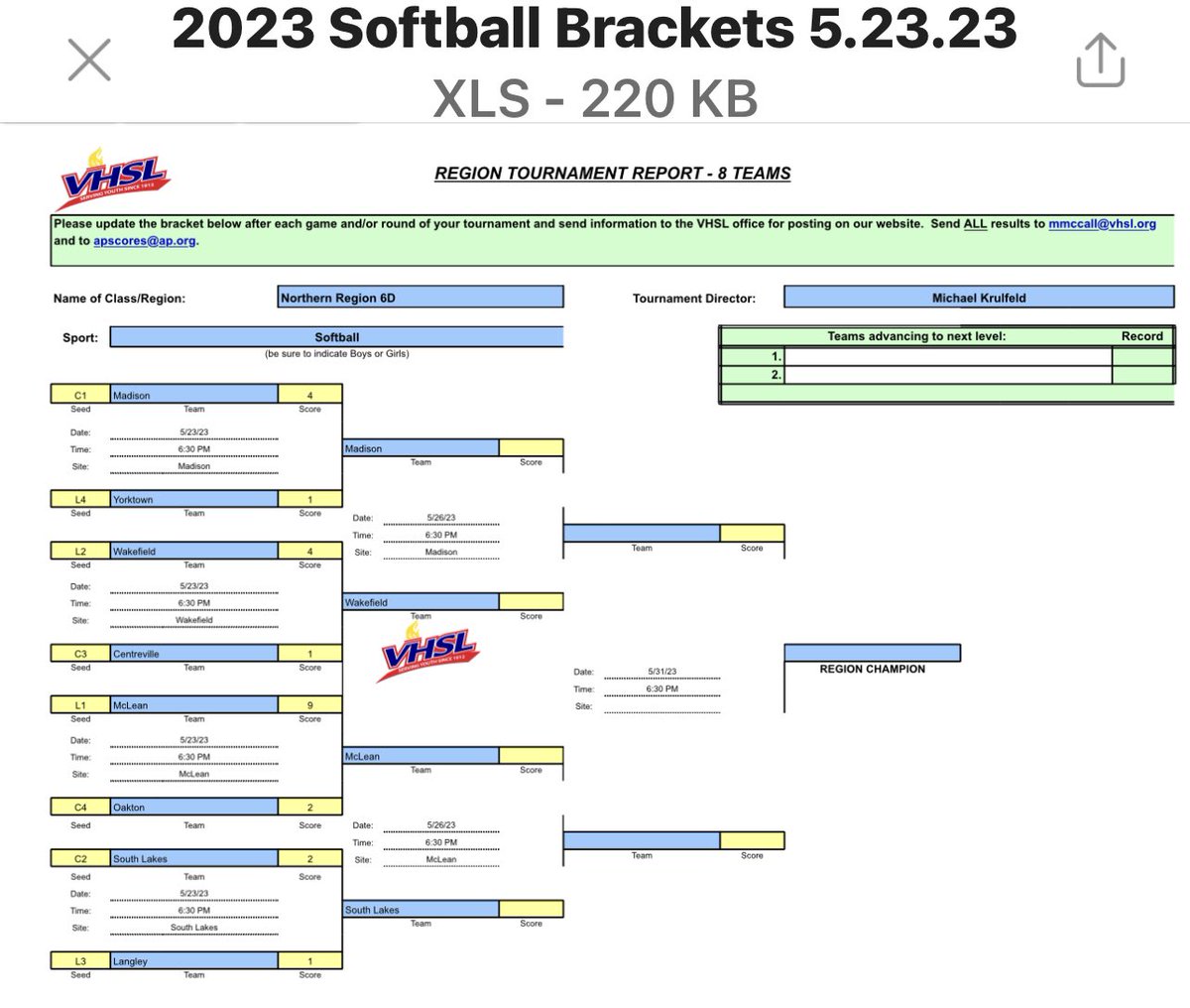 WakeAthletics's tweet photo. Updated Brackets for Region 6D Softball 🥎. Warriors are headed out to play Madison in the semifinals on Friday May 26 @ 6:30pm after a 4 to 1 win over Centreville last night. @WHSWARRIORSB @WakefieldBoost1 @wakefieldptsa @wakefieldchief @WHSHappenings https://t.co/r4s6JIFPcY