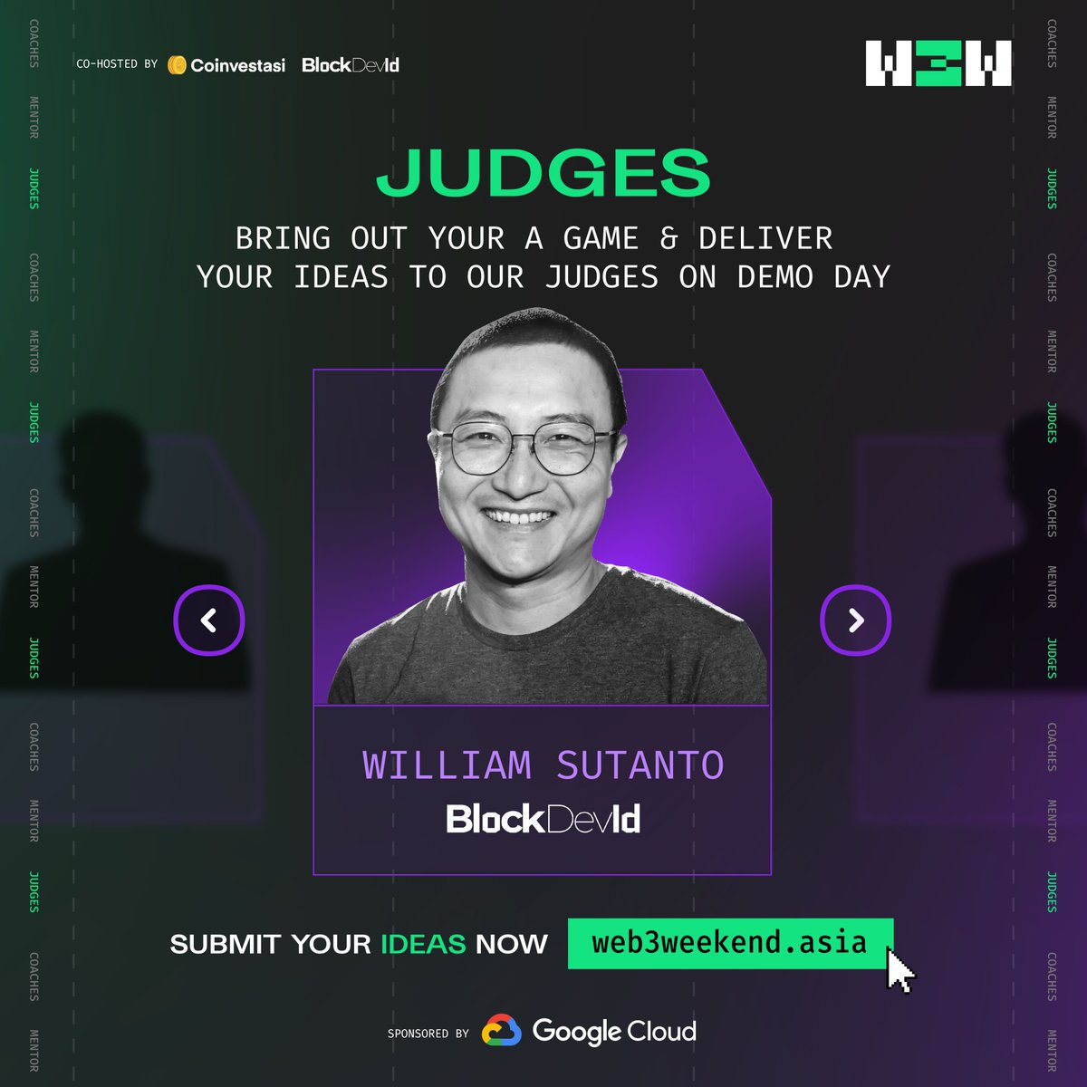 Web3Weekend's tweet image. Meet the judge, William Sutanto @WilliamSutant0
Founder of @blockdev_id & CTO of @indodax
BlockDevID is a community that helps developers in Indonesia to learn and develop web3 & blockchain through collaboration and sharing experiences. 
Submit your ideas now! Link on bio.