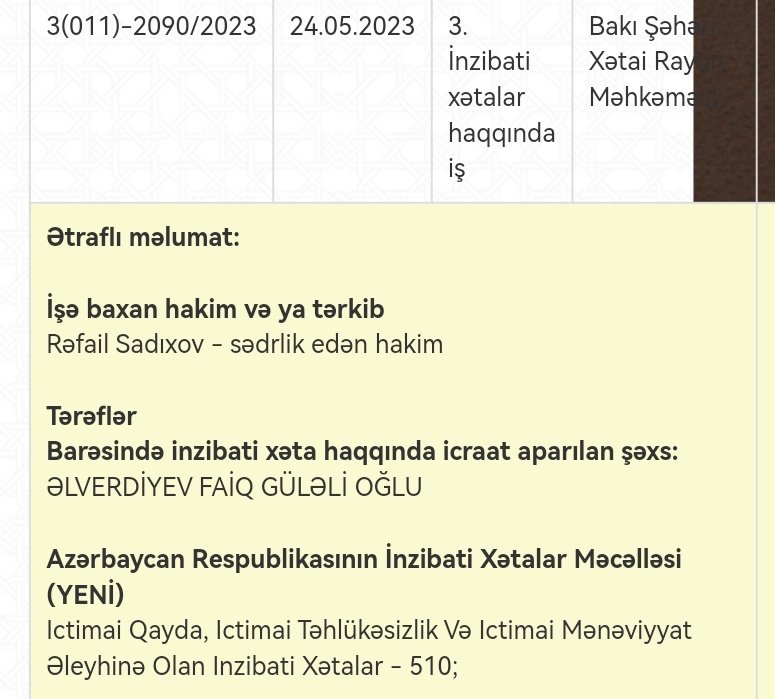 @afiaddinmammad Saytda baxdım, saxlanılanlardan Faiq Əlverdiyevin işi üzrə hakim (Rəfail Sadıxov) təyin edilib artıq, digərləri barədə məlumat hələ yerləşdirilməyib.