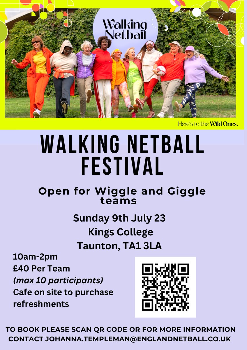 Somerset Netball (@netballsomerset) on Twitter photo Walking Netball Festival to be hosted in Somerset this summer. Ideal for wiggle and giggle groups looking for friendly competition and a lot of social!!
Held outside at Kings College, with access to their on-site café.
Please contact: johanna.templeman@englandnetball.co.uk Walking Netball Festival to be hosted in Somerset this summer. Ideal for wiggle and giggle groups looking for friendly competition and a lot of social!!
Held outside at Kings College, with access to their on-site café.
Please contact: johanna.templeman@englandnetball.co.uk