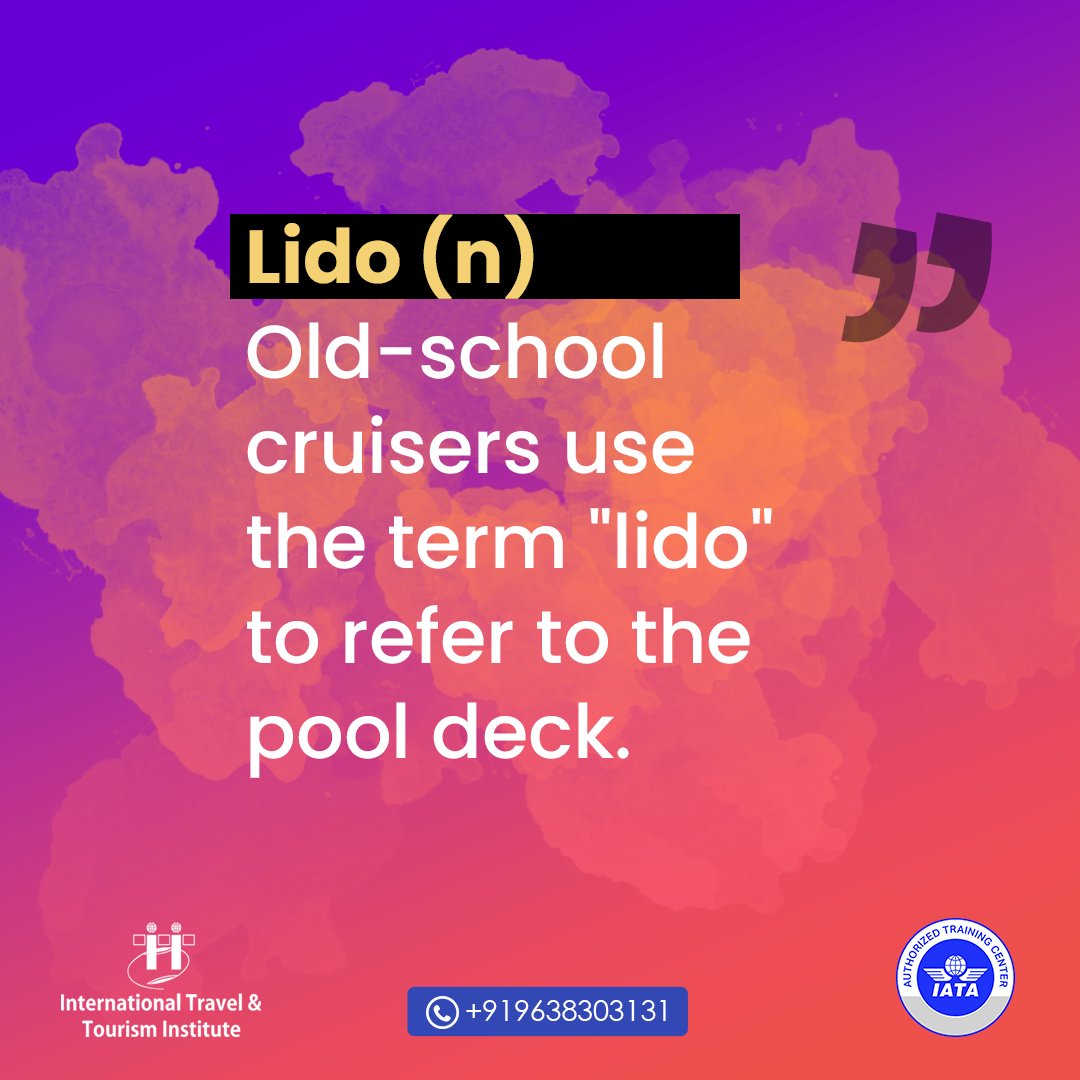 Lido generally means a public outdoor swimming pool. In the Cruise Industry, the word 'lido' was conveniently adapted to denote the outdoor pool space on a cruise.

#Travel #tourism #ITTIahmedabad #Cruisecareer #pooldeck #IATACertification