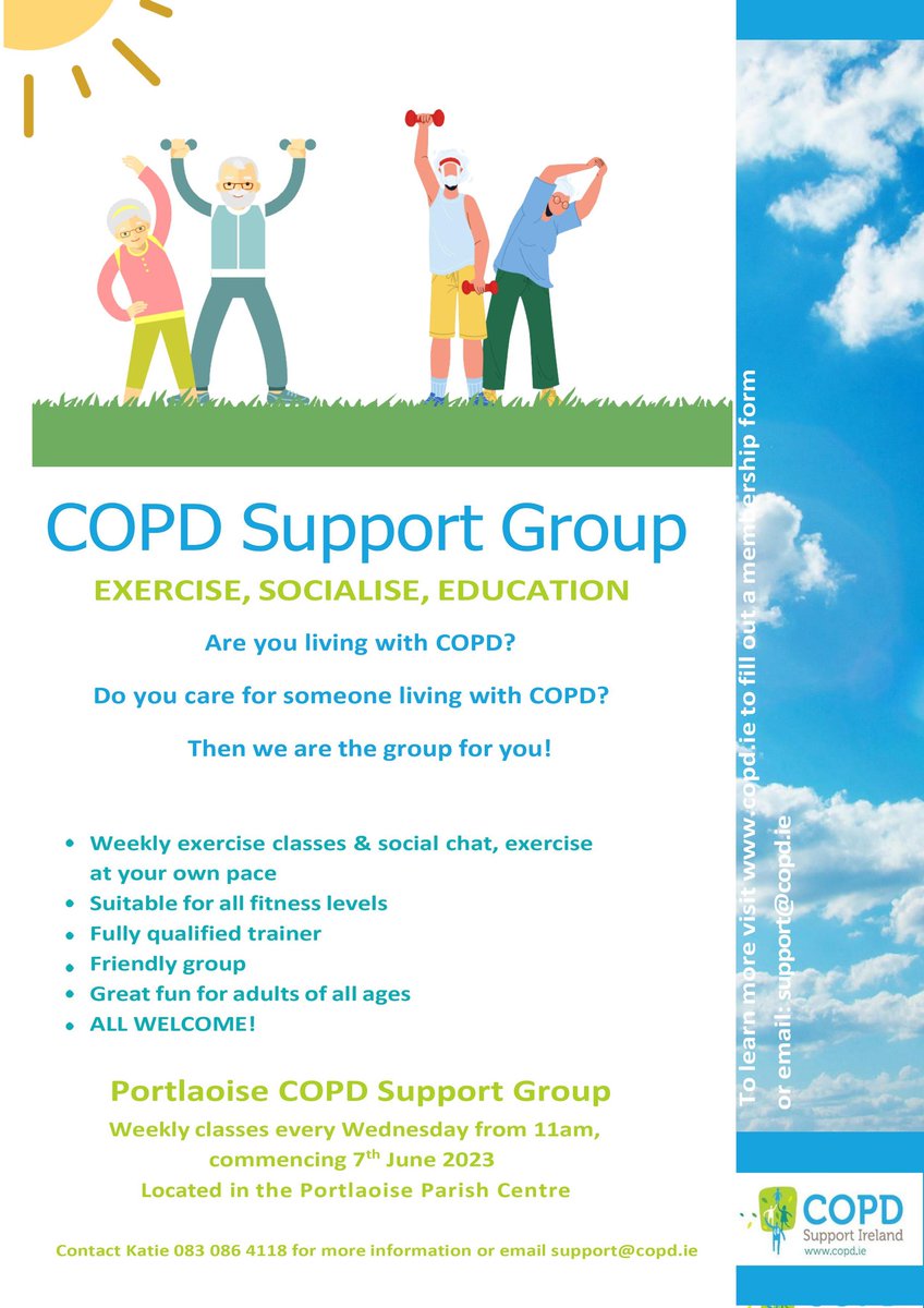 COPD Support Ireland (@copdsupportire) on Twitter photo New Support Group coming soon to Portlaoise! To register your interest, please email support@copd.ie or call Katie 083 086 4118.
<a href="/HSELive/">HSE Ireland</a> <a href="/HsehealthW/">HSE Health & Wellbeing</a> <a href="/CPOPC1/">CPOPC_ISCP</a> <a href="/_ISCP_/">ISCP</a> <a href="/PortlaoiseParis/">Portlaoise Parish</a> <a href="/DowntownPortlao/">Downtown Portlaoise</a> New Support Group coming soon to Portlaoise! To register your interest, please email support@copd.ie or call Katie 083 086 4118.
<a href="/HSELive/">HSE Ireland</a> <a href="/HsehealthW/">HSE Health & Wellbeing</a> <a href="/CPOPC1/">CPOPC_ISCP</a> <a href="/_ISCP_/">ISCP</a> <a href="/PortlaoiseParis/">Portlaoise Parish</a> <a href="/DowntownPortlao/">Downtown Portlaoise</a>