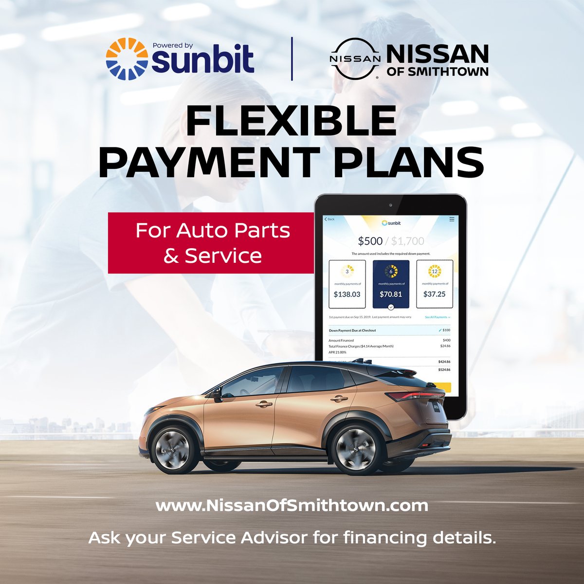 NissanLI's tweet photo. 💰💳💡🔧🚘 Need a flexible payment plan for parts and service? We've got you covered! Explore our diverse financing options at Nissan of Smithtown and keep your vehicle running smoothly.

🌐 https://t.co/g1X6m5VSp2 https://t.co/8B3gmtndqK