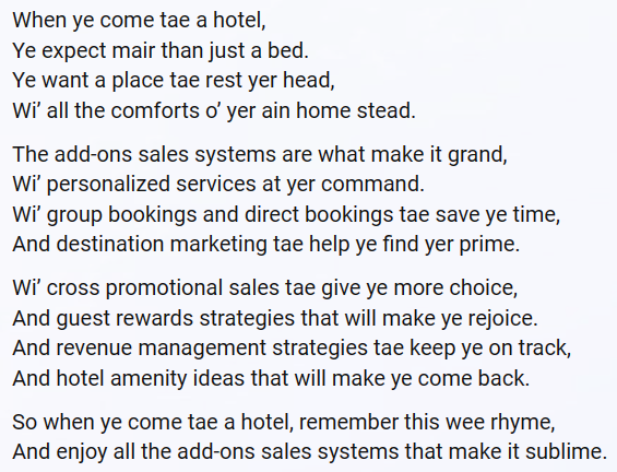 UpgradeTWO's tweet photo. A poem in the style of Robert Burns about ancillary and add-on upselling systems for hotels, curtesy of Chat GPT. 
#HadToBeDone https://t.co/ivt7jkS7MN