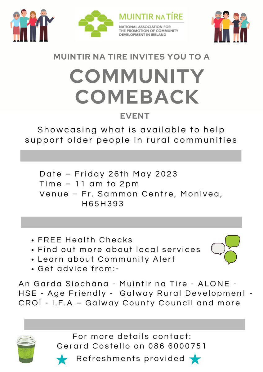 CroiHeartStroke's tweet photo. The Croí health team will be attending @Muintir_na_Tire ‘Community Comeback’ Event! 

Showcasing what’s available to help support older people in rural communities in Co. #Galway

📍Community Centre #Monivea H65 H393
🗓️This Friday 26th May, 11am- 2pm

FREE heart health checks❤️ https://t.co/PrxRWviC5d