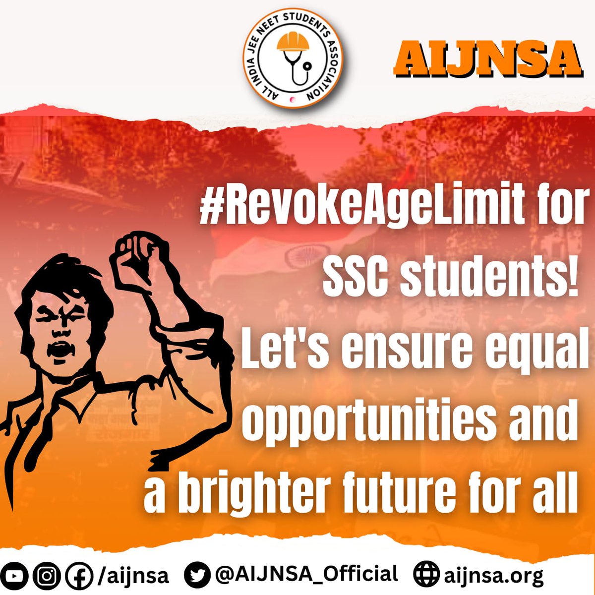 AIJNSA_official's tweet photo. Dear Govt, Please lend an ear to the heartfelt demands of SSC students. The age limit is proving to be a barrier for many deserving candidates. It's time to reconsider and #revokeagelimit to ensure equal opportunities and a brighter future for all. #UnfairSSC @UrHimanshuBorah https://t.co/xY5fNKSdoN