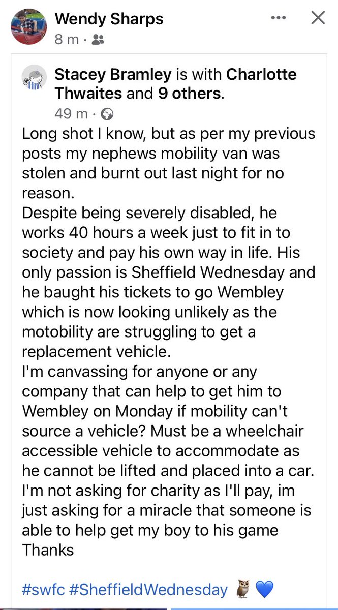 Can anyone help this young man please? He needs a mobility vehicle to take him to Wembley to see @Sheffielr