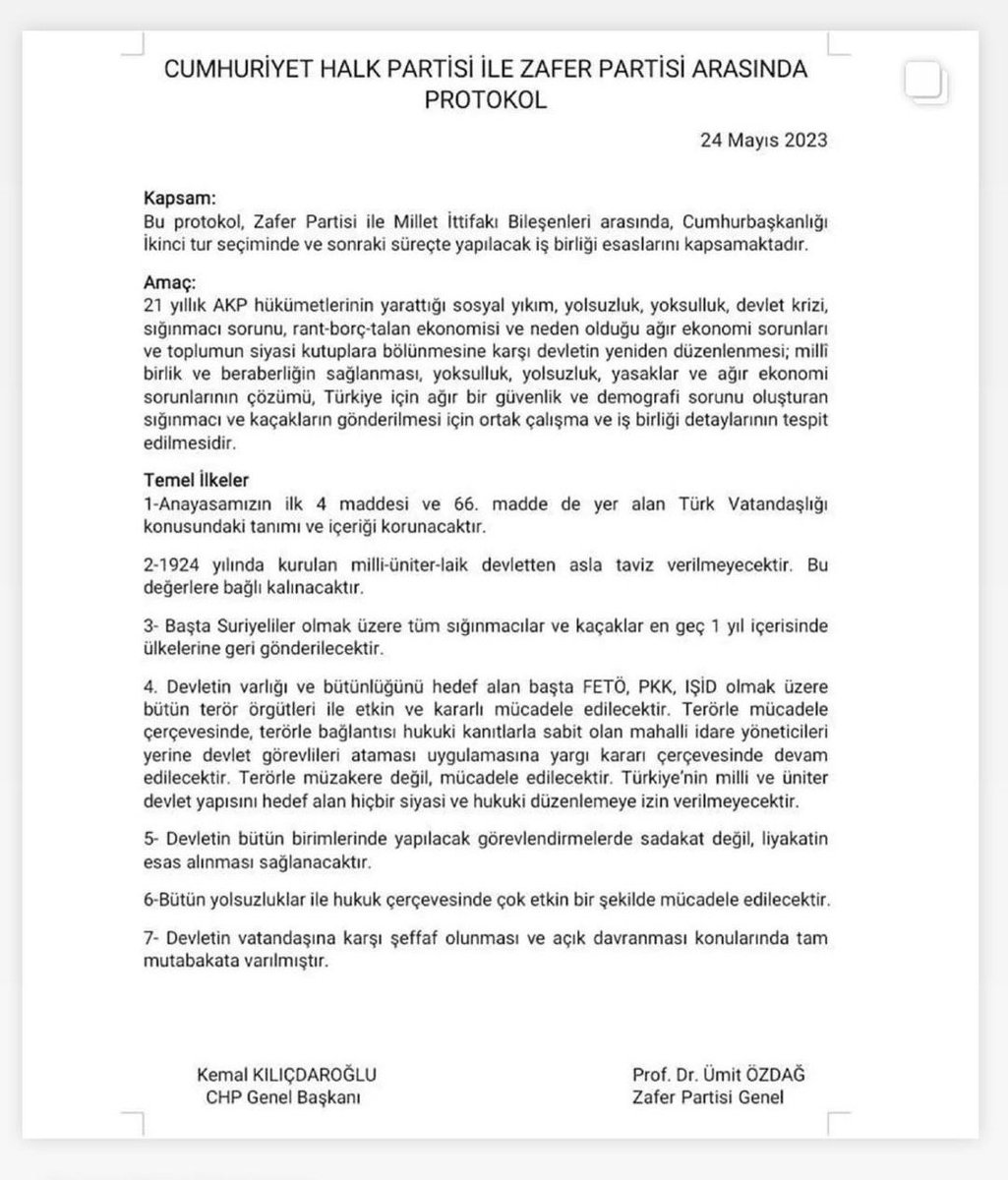 CHP ile Zafer Partisi arasında imzalanan protokol anlaşmasında yer alan temel ilkeler:

2) 1924 yılında kurulan milli-üniter-laik devletten asla taviz verilmeyecektir .

#umitozdag #ZaferPartisi