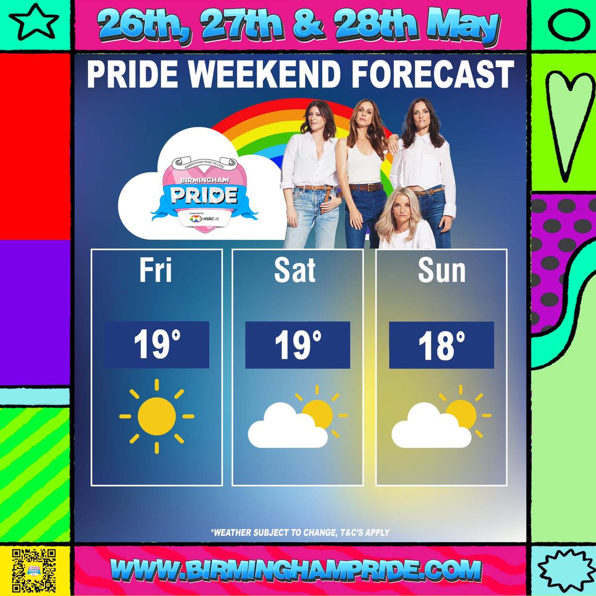 BlocHotelBham's tweet photo. BLAME IT ON THE WEATHER MAN! 🌈

@BirminghamPride takes over the city this weekend, and the forecast looks very promising. ☀️

Come and see @BwitchedReunion, @Sugarbabes, @maemuller_ + many more!

💤 Book your stay: https://t.co/4vPovCYflR
🎟️ Tickets: https://t.co/Q8fghBaTsF https://t.co/CPwgzwEMah