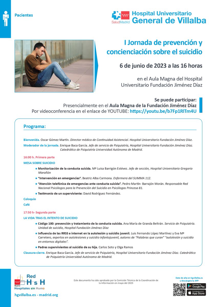I Jornada de prevención y concienciación sobre el suicidio organizado por el <a href="/hosp_villalba/">Hospital de Villalba</a> en colaboración con la Fundacion Jimenez Díaz. Martes 6 de junio a las 16 h . Enlace YouTube buff.ly/432utSx