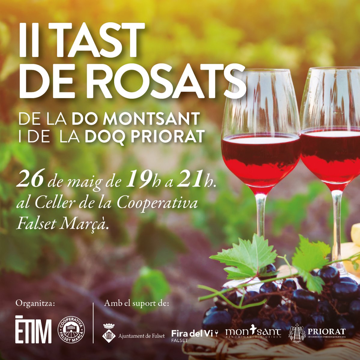 Aquest divendres arriba la 2a edició del Tast de Rosats que organitza @Etimonline Podreu gaudir d'una bona representació de #VinsMontsant i maridar-los amb la proposta gastronòmica de @rest_elCairat i la música de Tu Manu Dj

🗓 26 de maig
🕖19h
📍 Cooperativa Falset Marçà